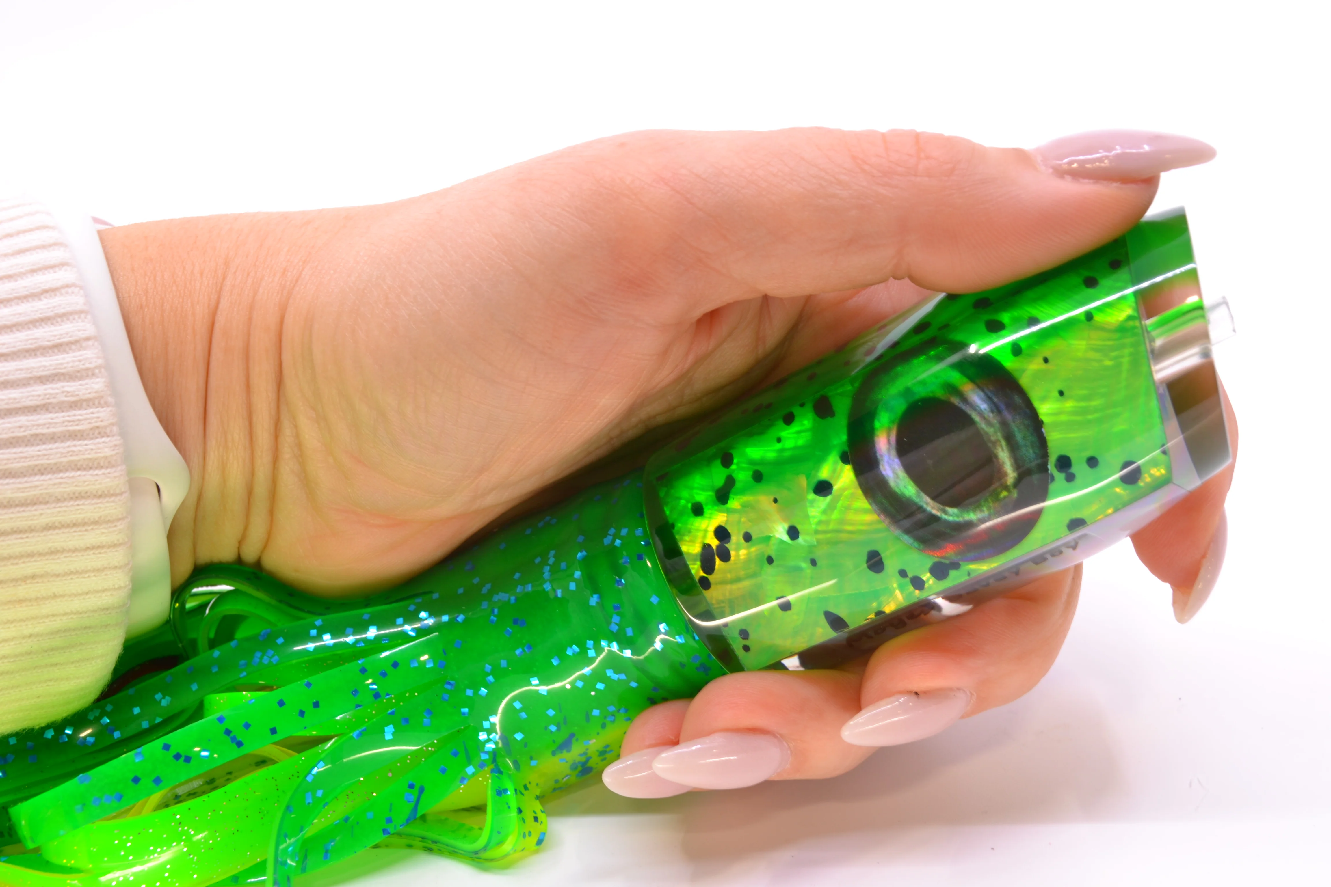 Moyes Lures Mahi MOP Green Back Taxi Eyes Davey Boy 12" 8oz Skirted Mahi - Image 7