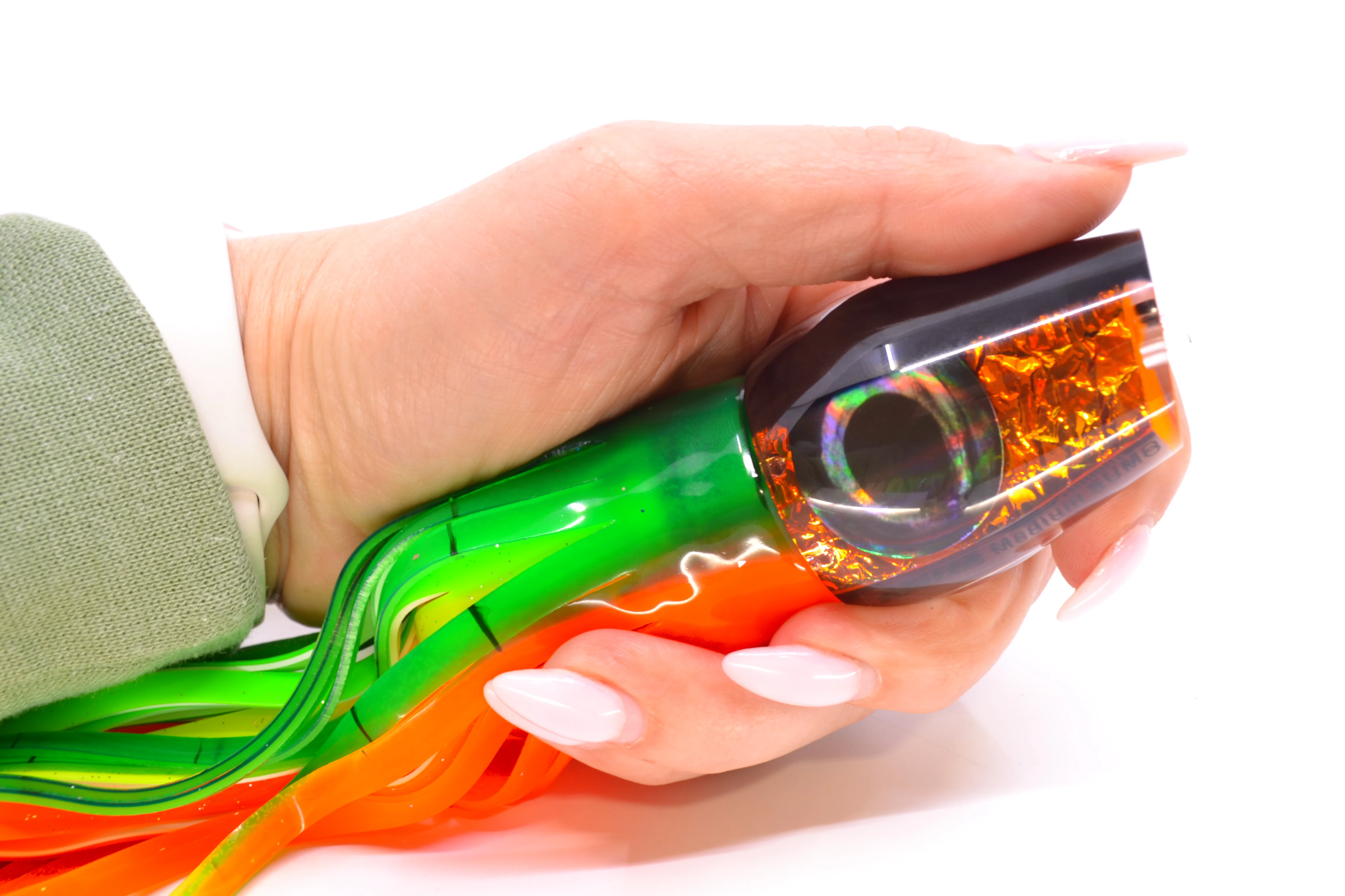 Moyes Lures Orange Dichro Black Back Taxi Eyes Medium Sumo 12" 6.8oz Skirted - Image 7