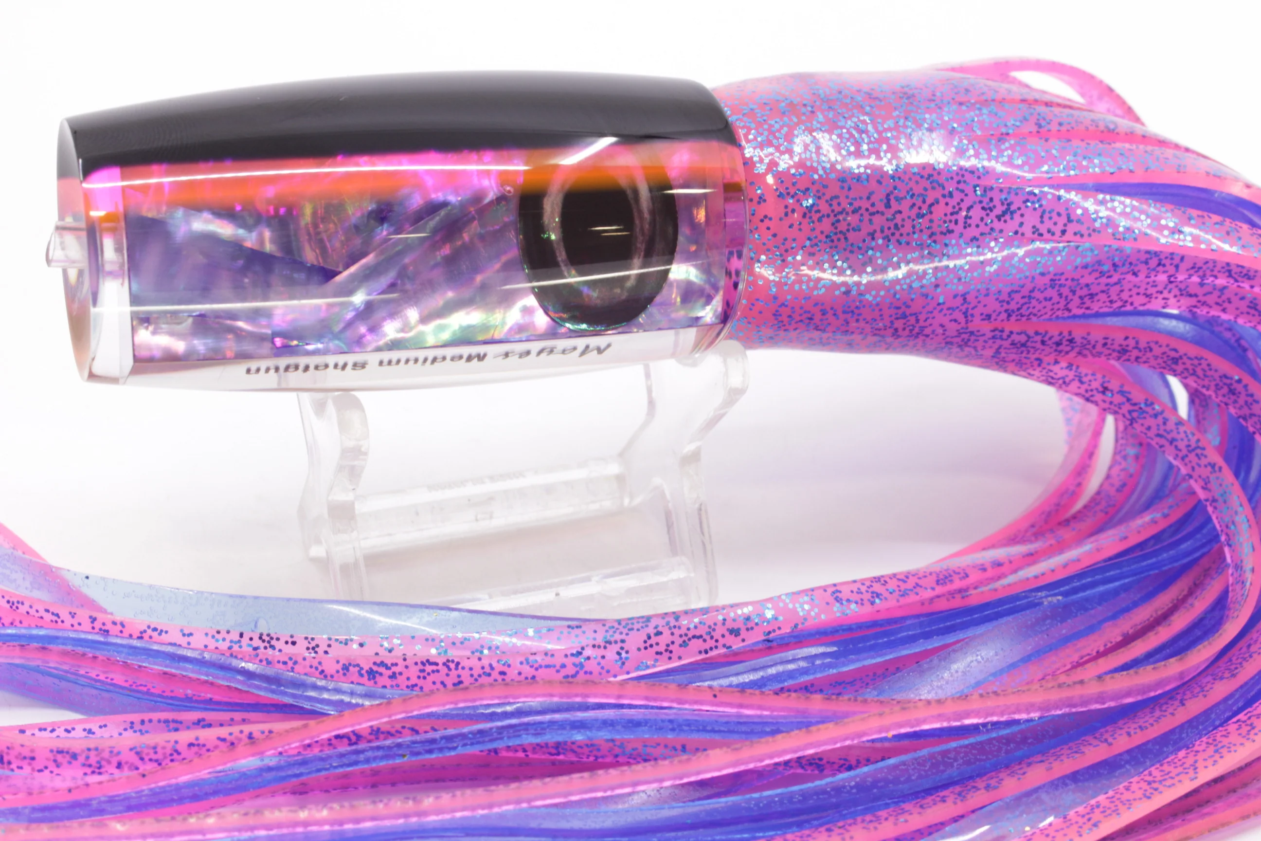 Moyes Lures Rainbow MOP Black-Pink Back Medium Shotgun 10" 6.2oz Skirted Pink/Blue - Image 3