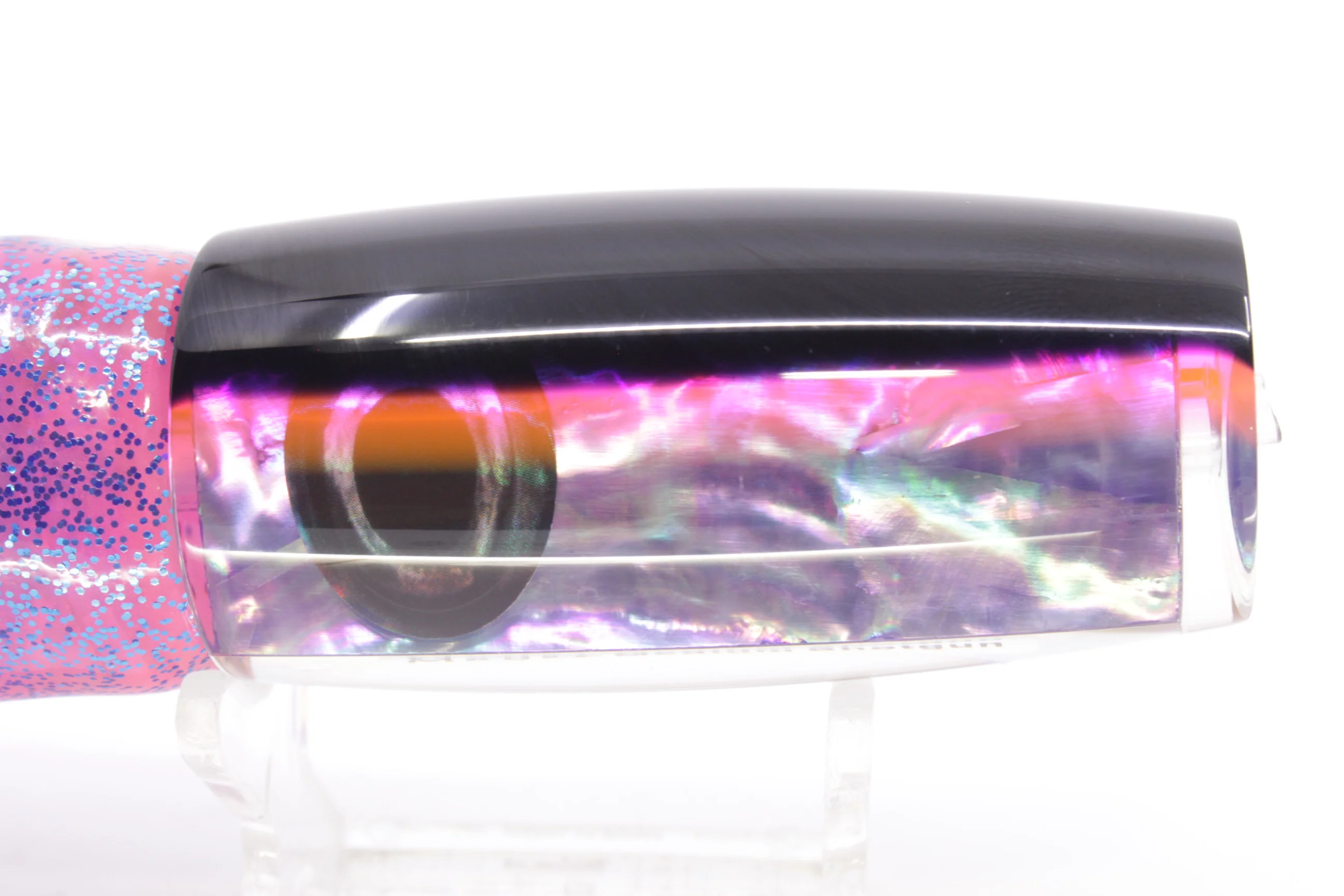 Moyes Lures Rainbow MOP Black-Pink Back Medium Shotgun 10" 6.2oz Skirted Pink/Blue - Image 4