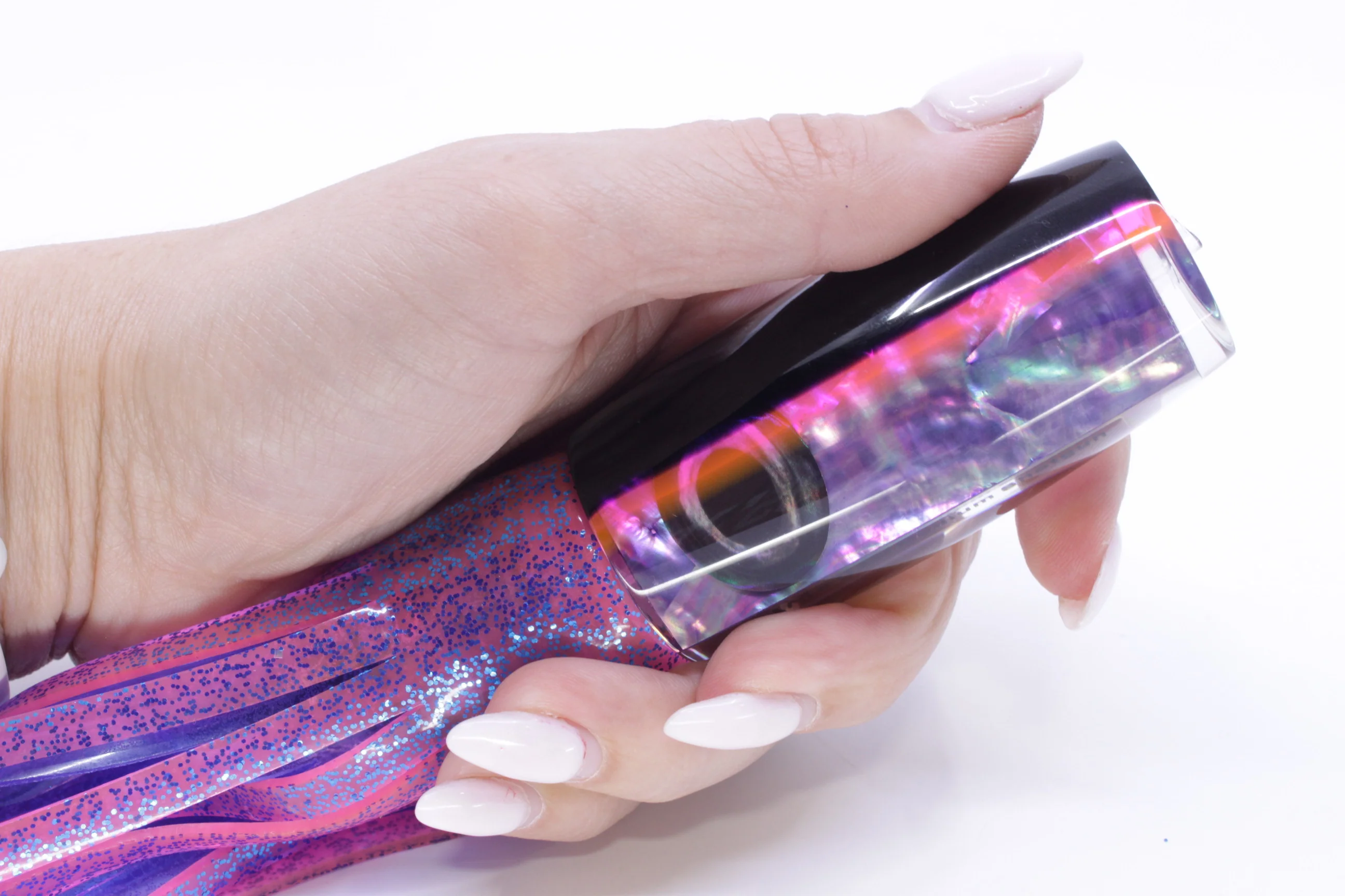 Moyes Lures Rainbow MOP Black-Pink Back Medium Shotgun 10" 6.2oz Skirted Pink/Blue - Image 7