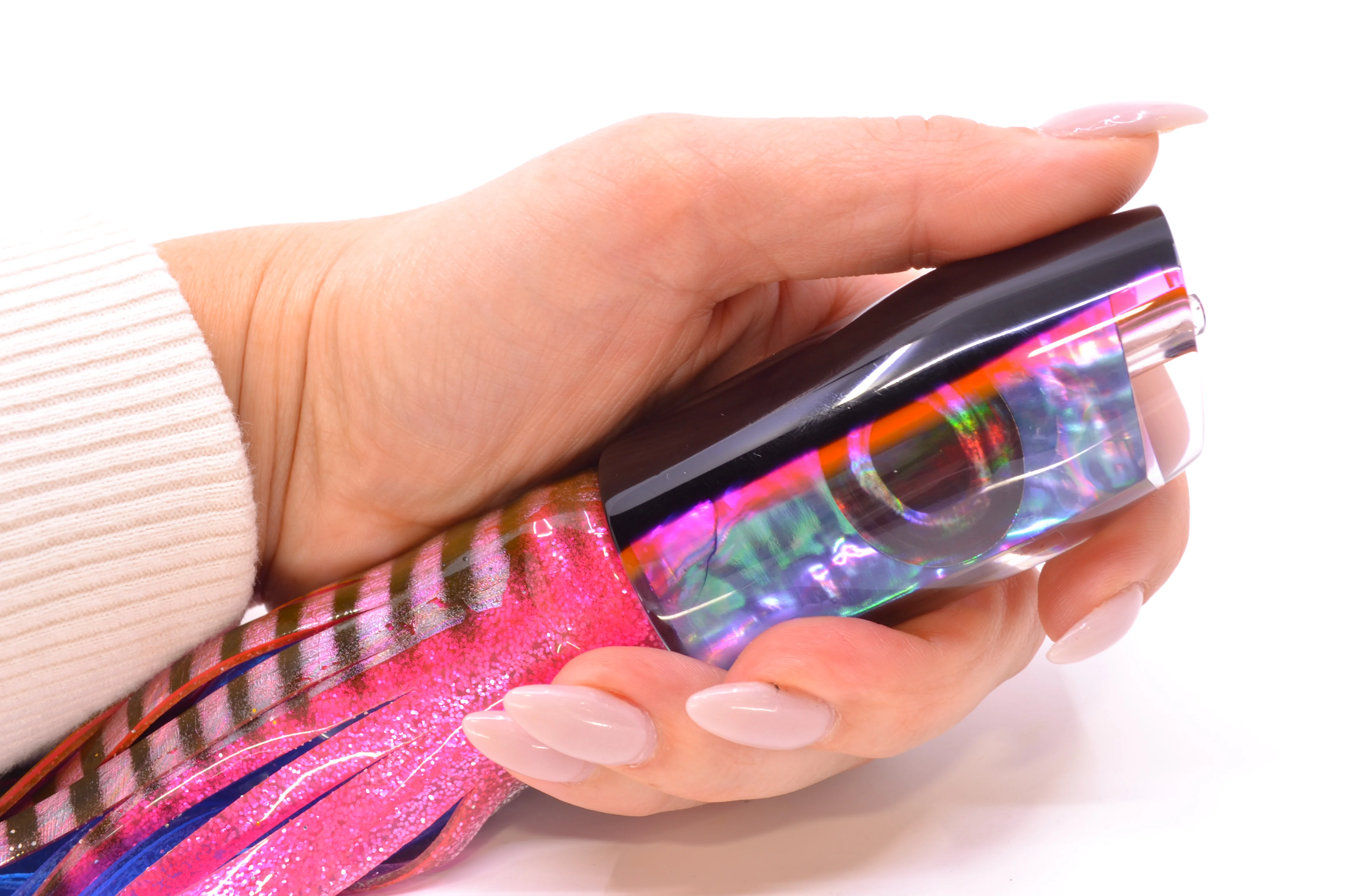Moyes Lures Rainbow MOP Black-Pink Back Taxi Eyes Davey Boy 12" 8oz Skirted Pink Aurora - Image 7