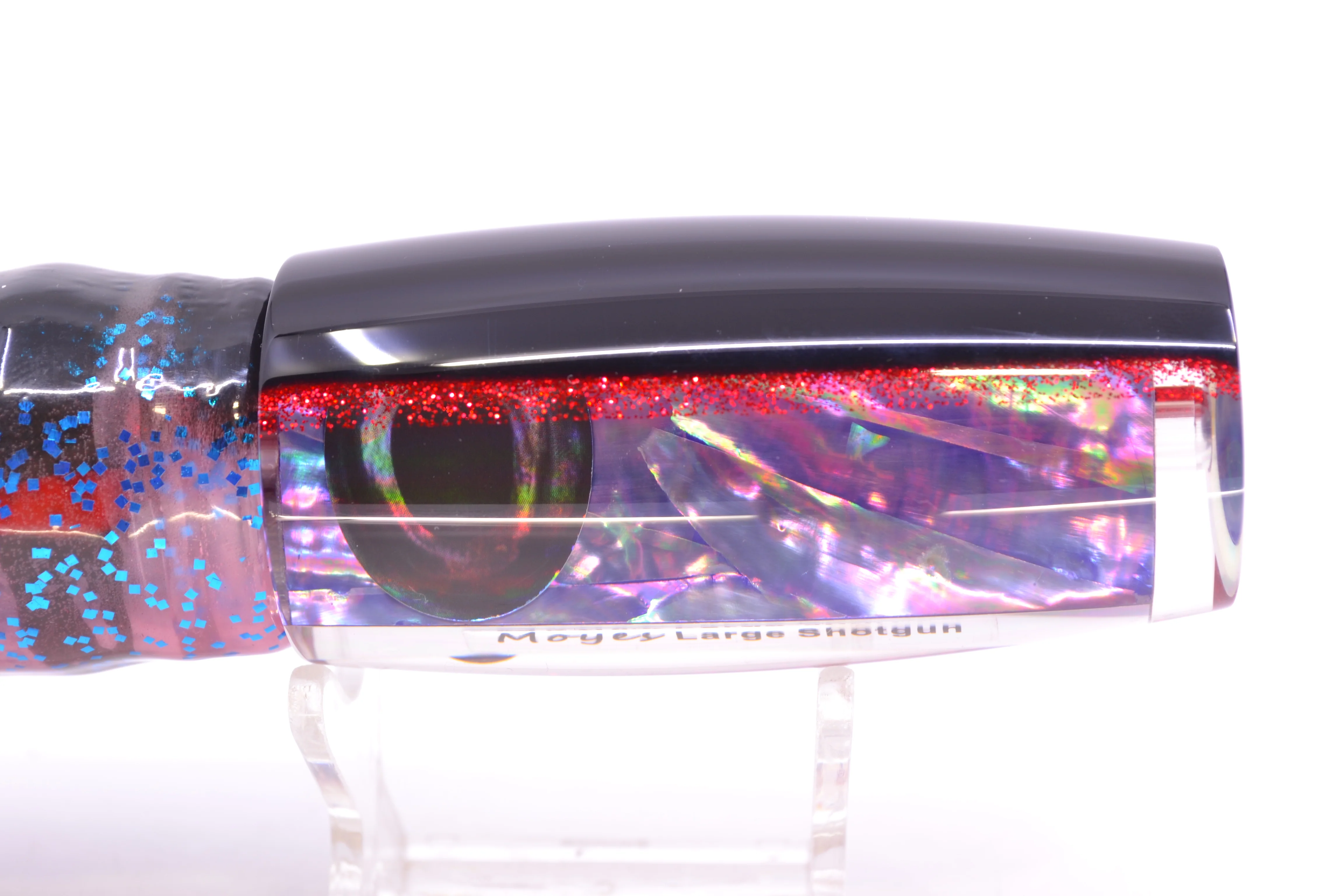 Moyes Lures Rainbow MOP Black-Red Back Large Shotgun 12" 7.8oz Skirted Black Stripes-Pink - Image 4