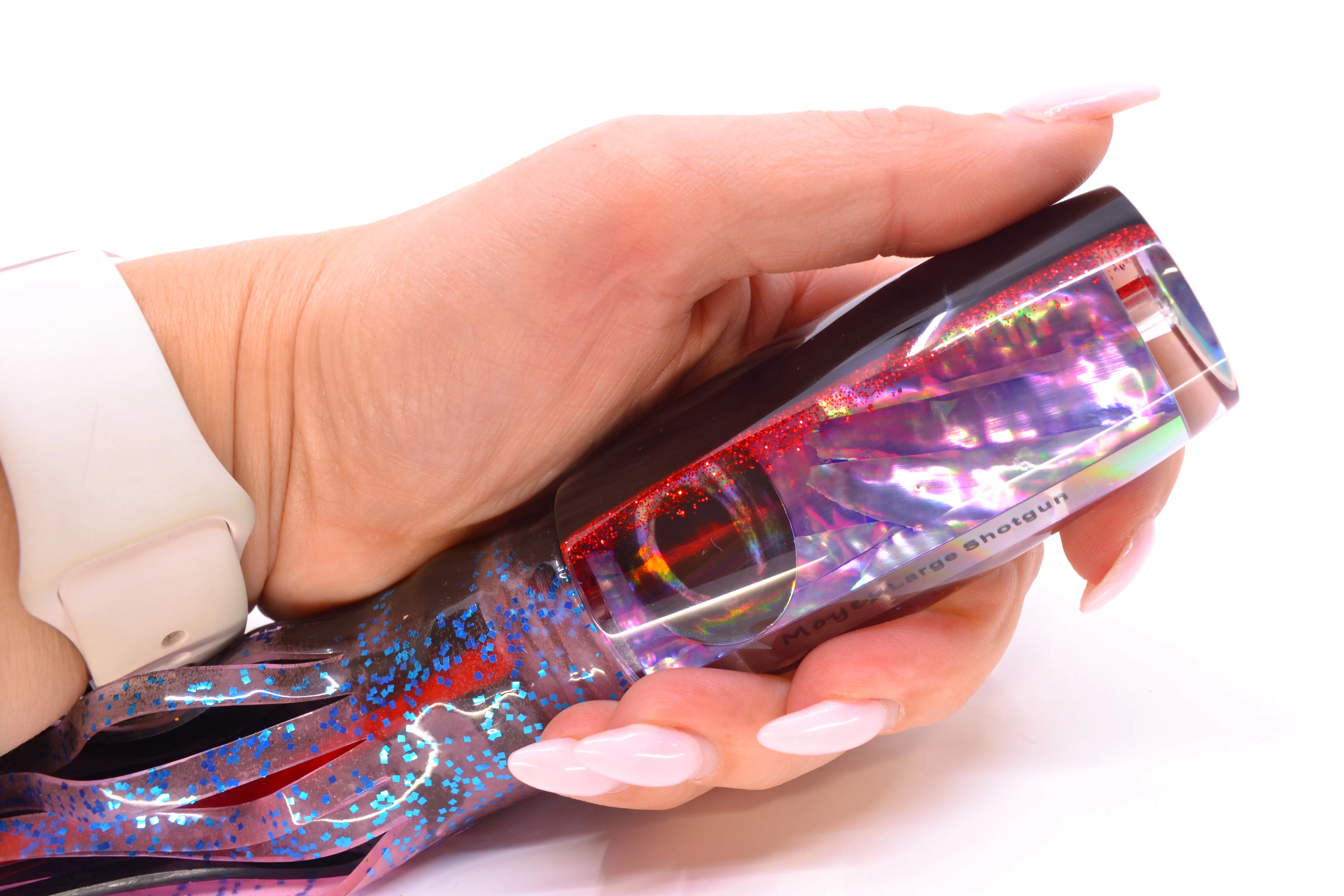 Moyes Lures Rainbow MOP Black-Red Back Large Shotgun 12" 7.8oz Skirted Black Stripes-Pink - Image 7