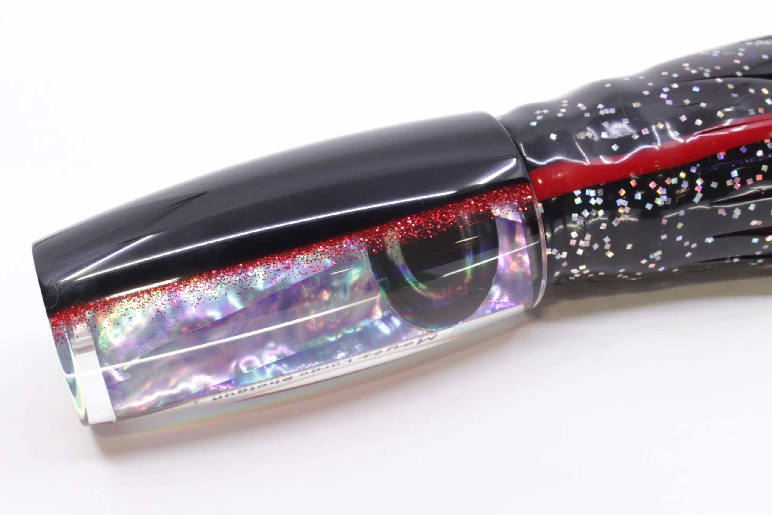 Moyes Lures Rainbow MOP Black-Red Back Large Shotgun 12" 7.8oz Skirted Black - Image 3