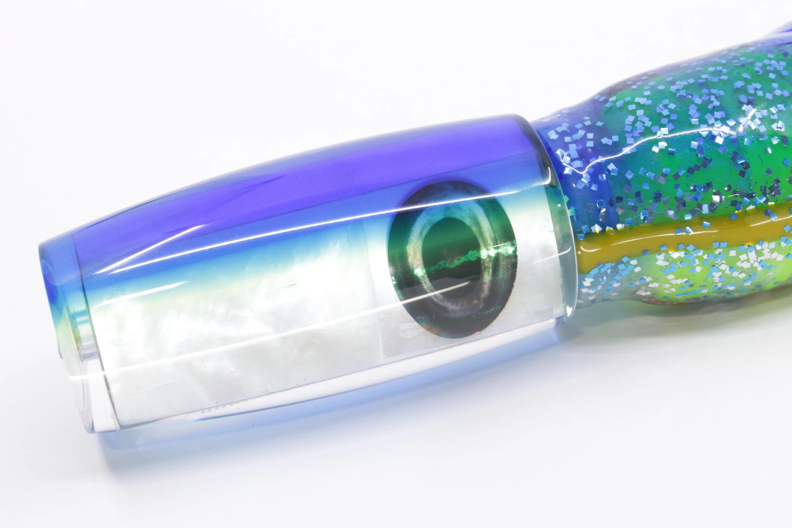 Moyes Lures White MOP Blue-Yellow Back Medium Shotgun 10" 6.2oz Skirted Blue-Silver - Image 3