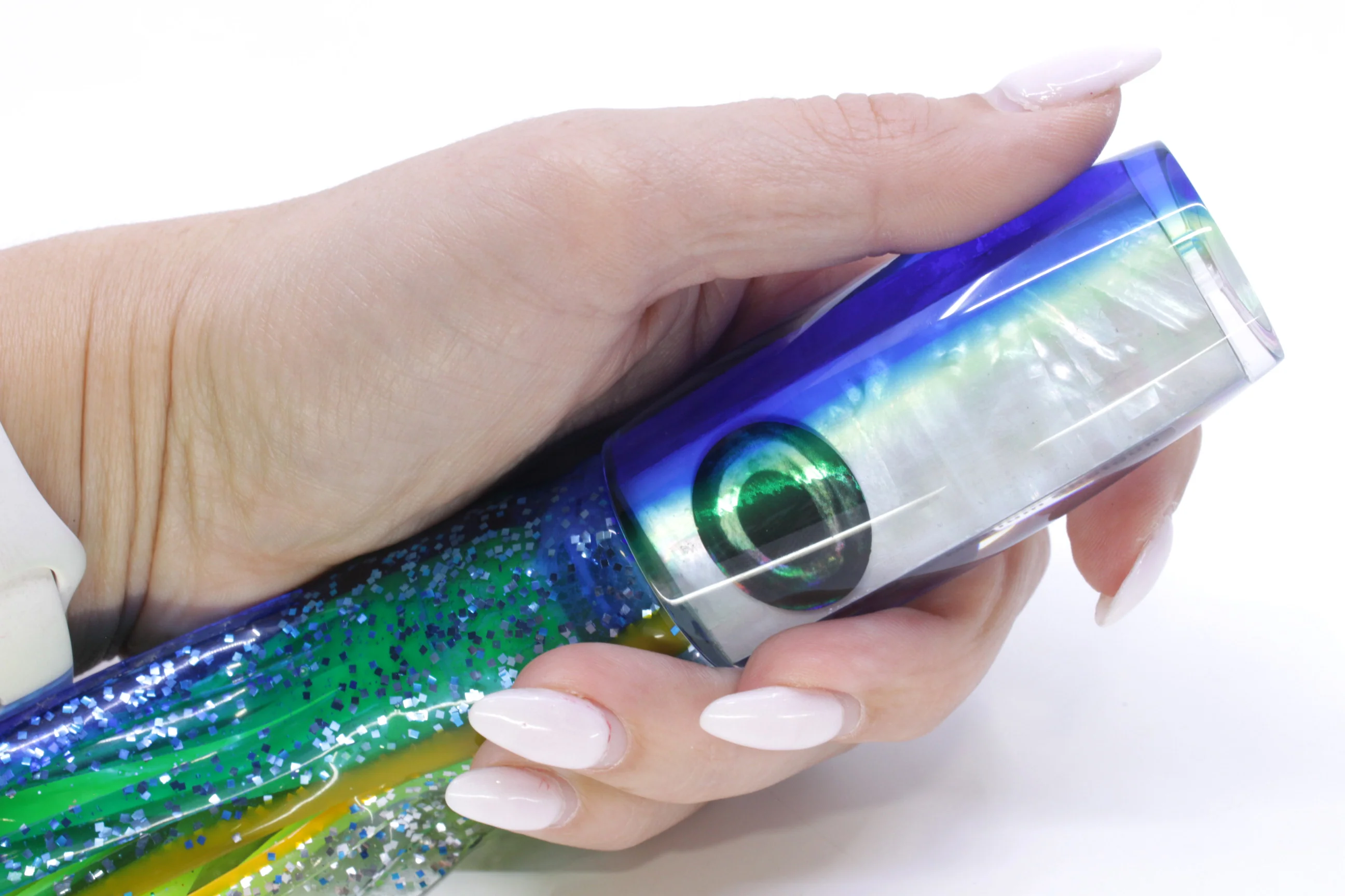 Moyes Lures White MOP Blue-Yellow Back Medium Shotgun 10" 6.2oz Skirted Blue-Silver - Image 7