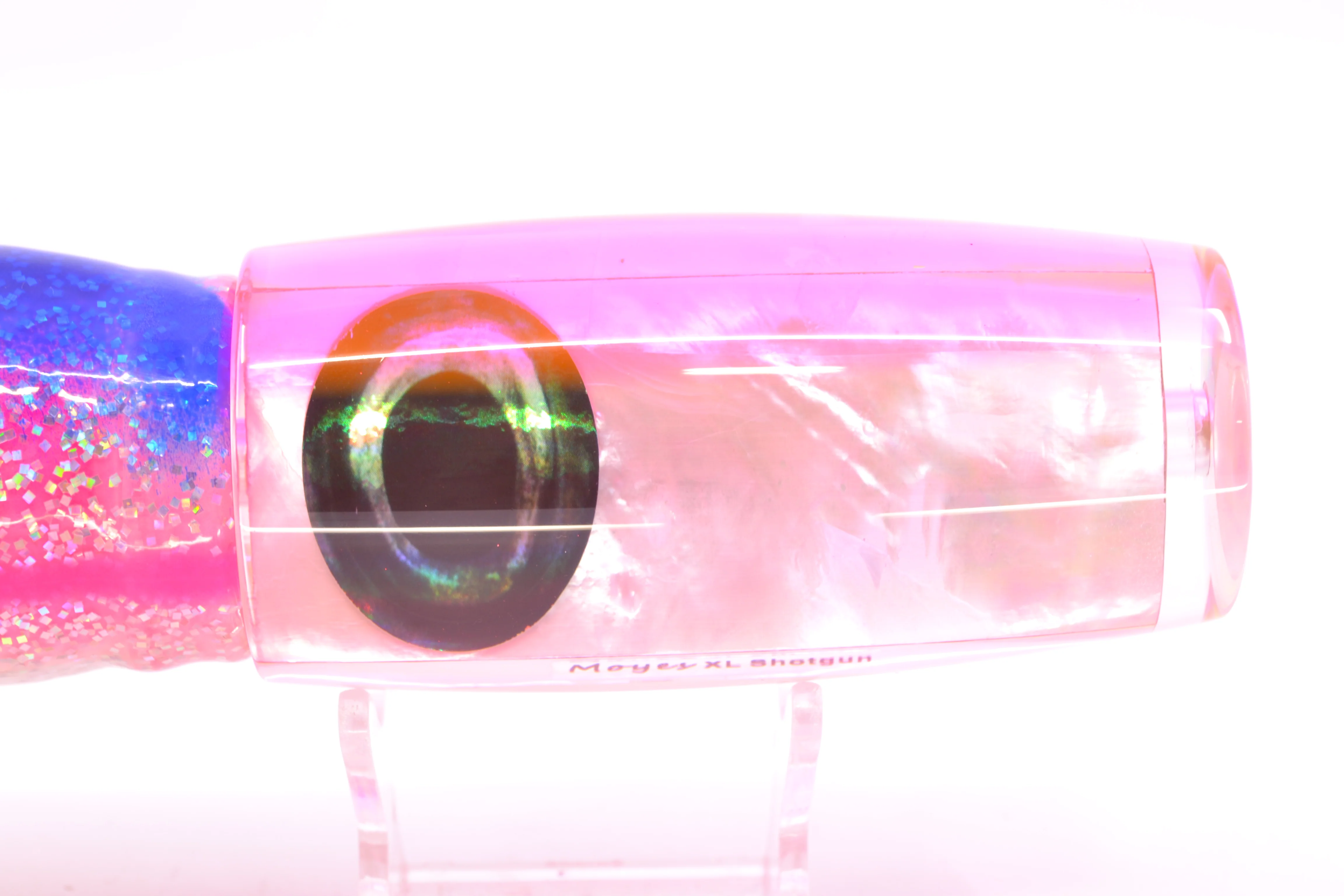 Moyes Lures White MOP Pink Back XL Shotgun 14" 12oz Skirted Holo-Blue Bars/Pink-White - Image 4