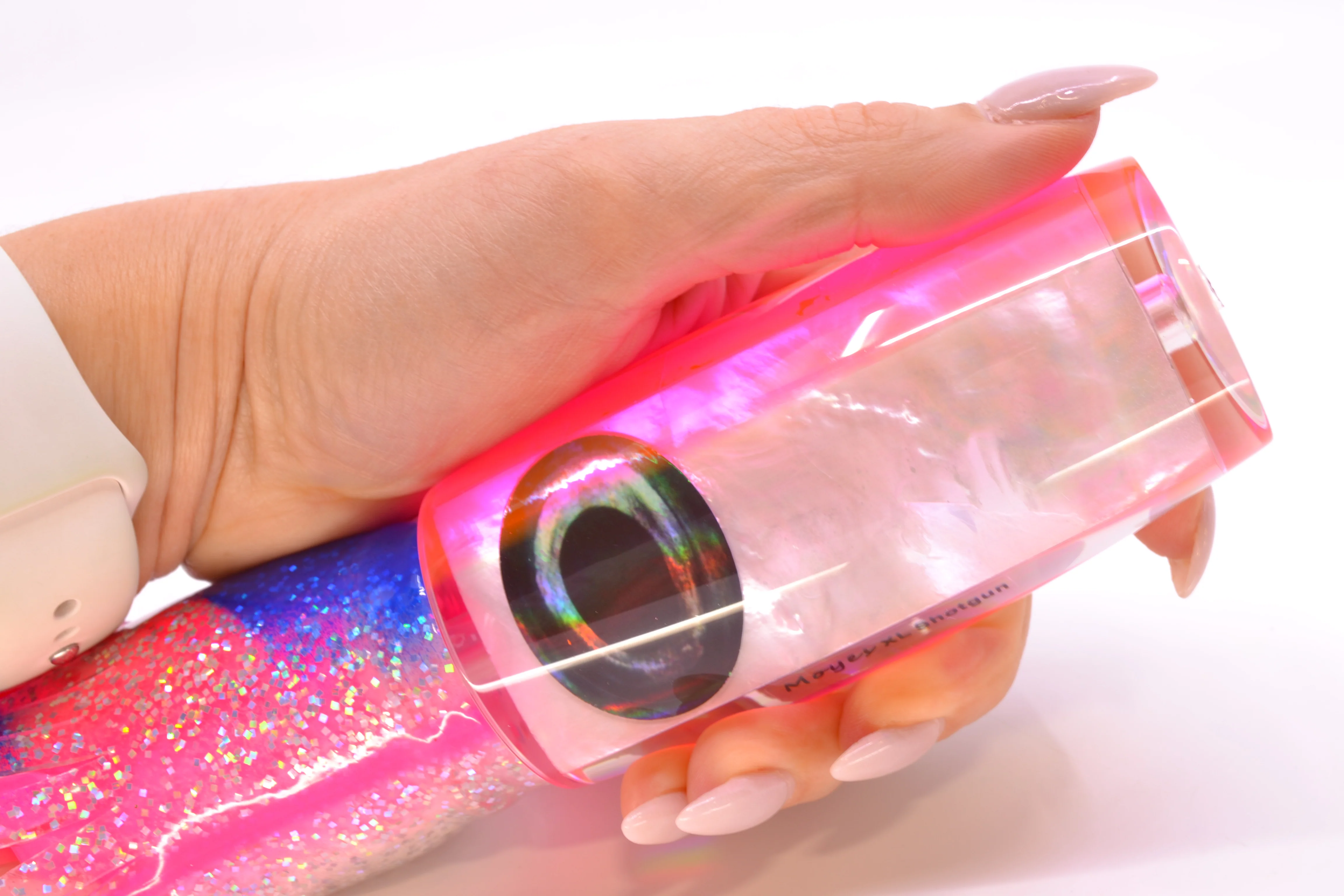 Moyes Lures White MOP Pink Back XL Shotgun 14" 12oz Skirted Holo-Blue Bars/Pink-White - Image 7